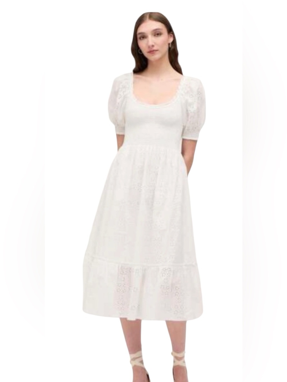 Hill House Home Louisa Nap Dress White Eyelet Smocked Midi Puff Sleeve